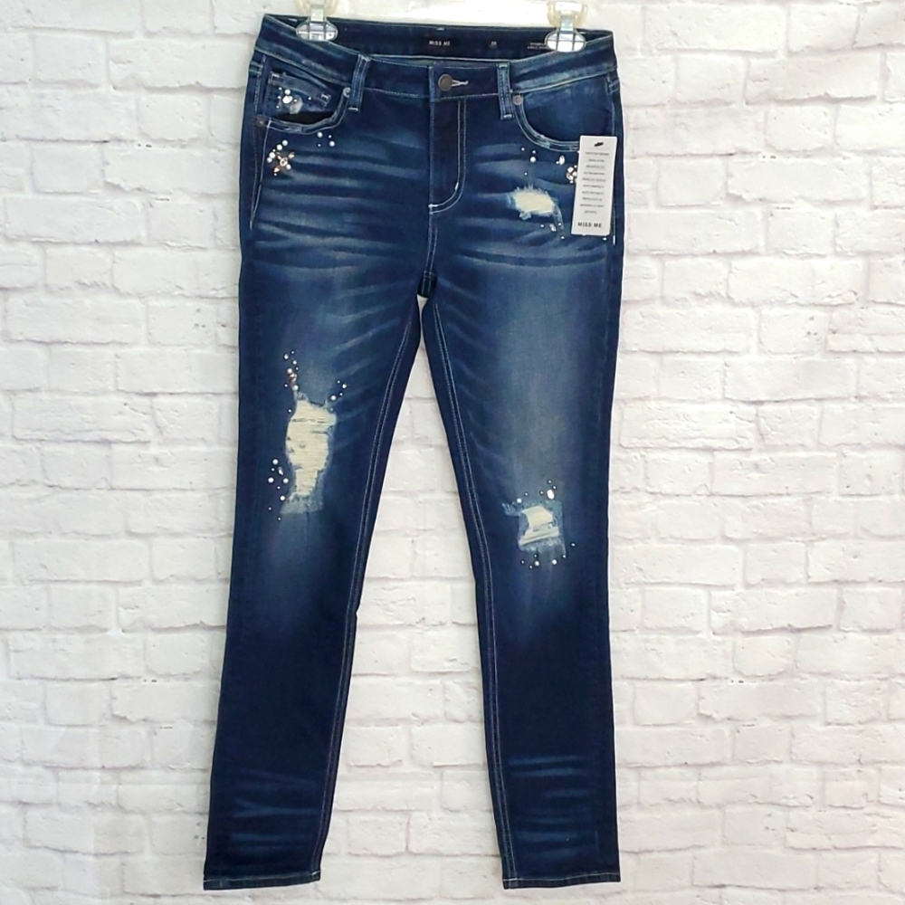 Miss Me Bling Rhinestone Pearl Ankle  Distressed Skinny Jeans